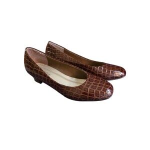 Cognac Croc-Embossed Low Heel Pumps